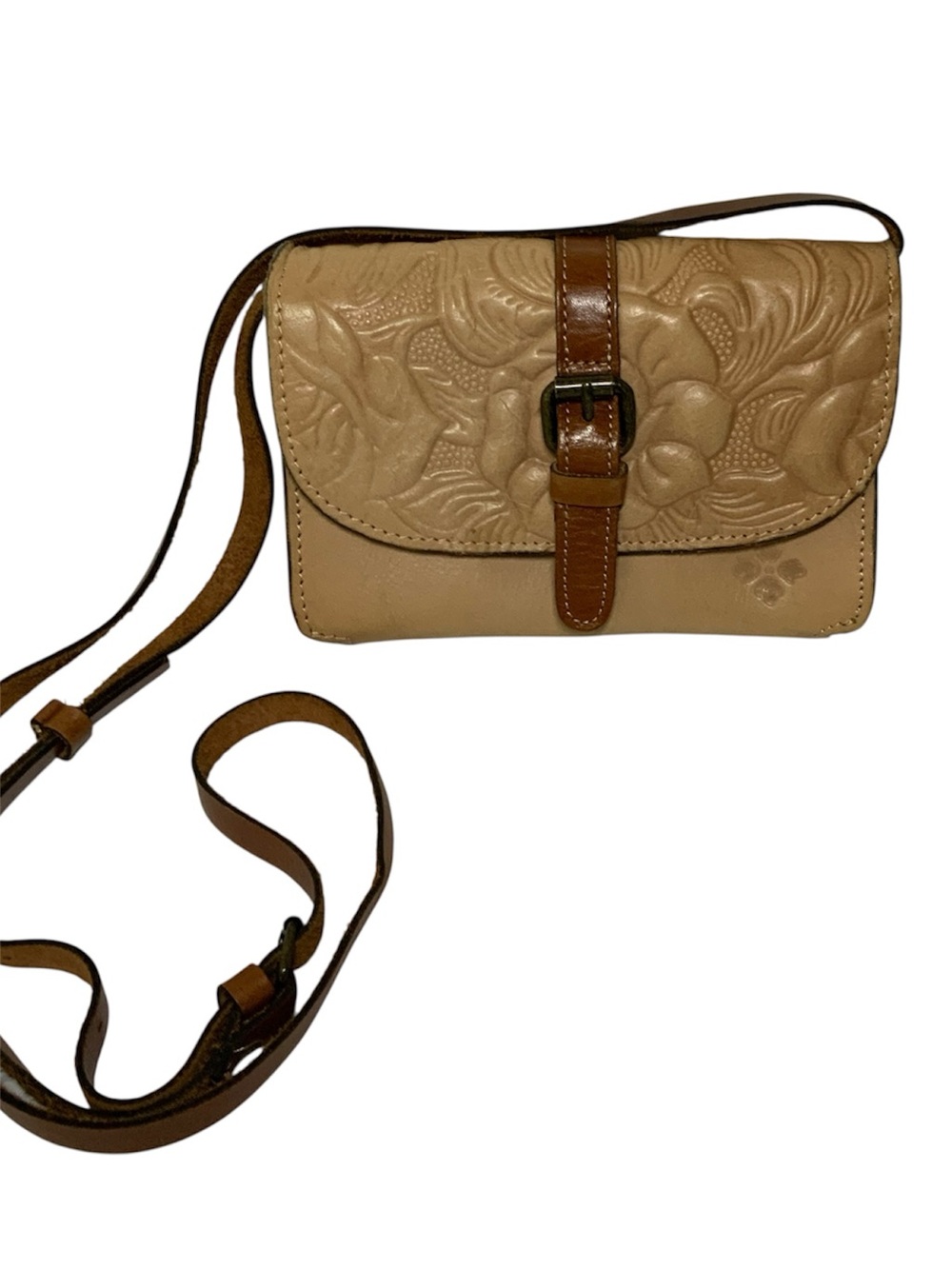 Patricia Nash Torri Crossbody Bag Light Tan Leather Hand-Tooled Floral